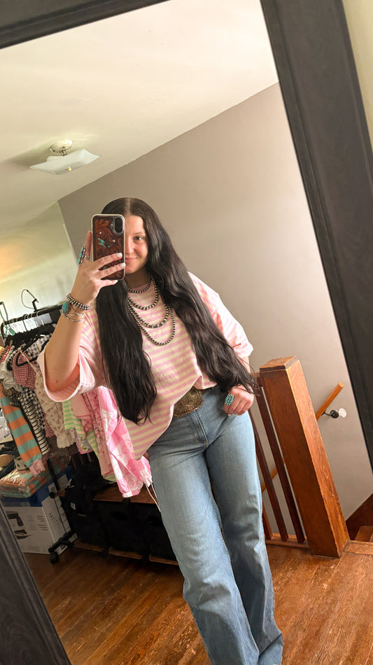 PINK & CREME OVERSIZED STRIPED TEE