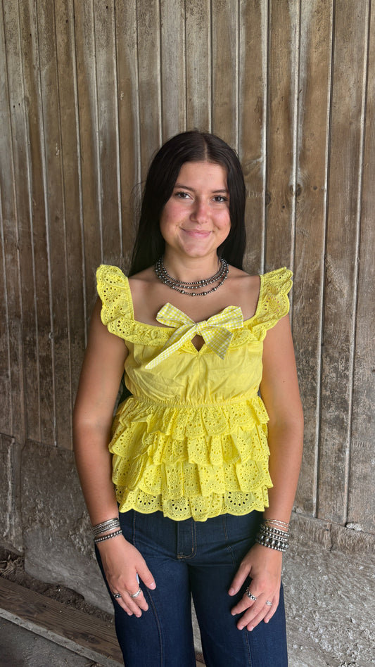 YELLOW RUFFLE EYELET TOP