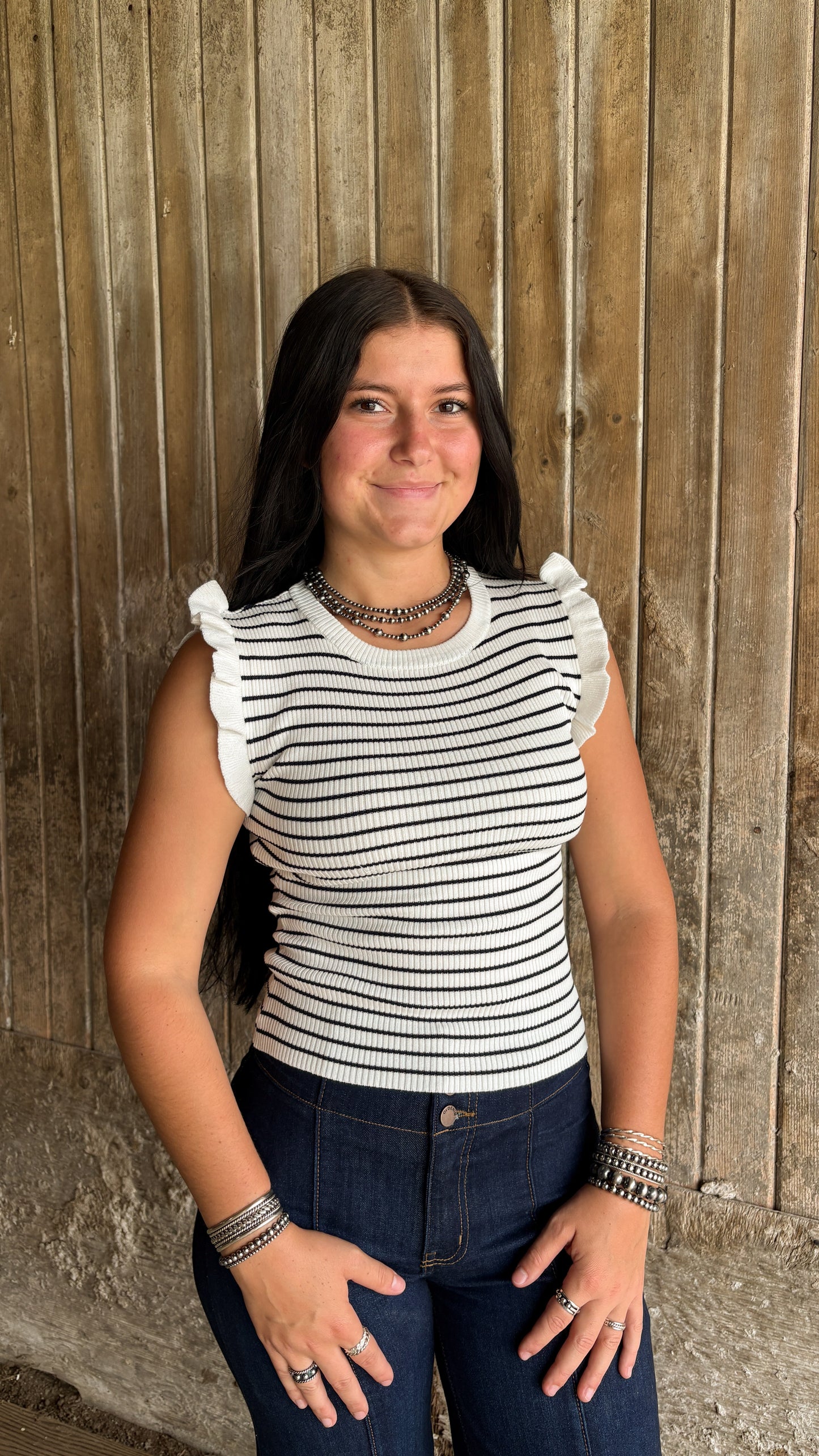 RIBBED STRIPED RUFFLE SLEEVELESS TANK