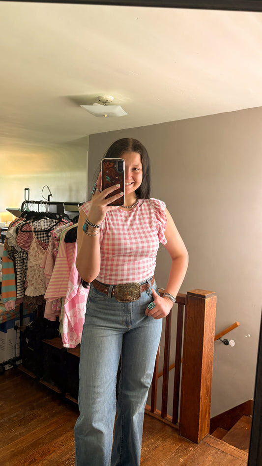 CROPPED GINGHAM RUFFLE TOP - PRETTY PINK