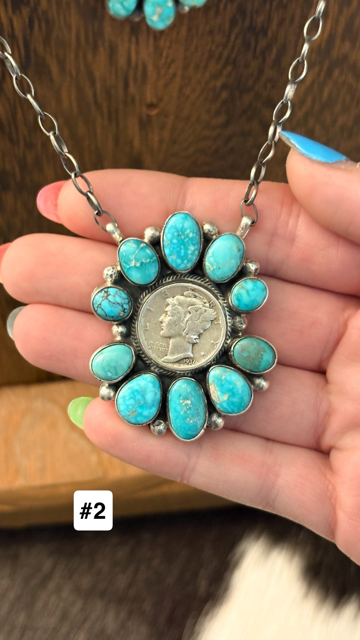 MIXED TURQUOISE MERCURY DIME CLUSTER NECKLACE BY JOHN SKEETS