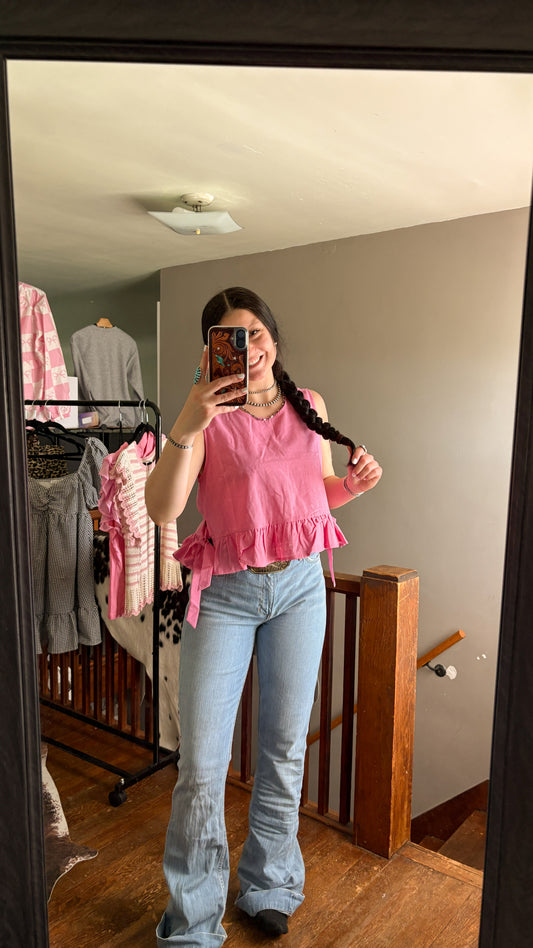 PINK SIDE TIE RUFFLE TANK