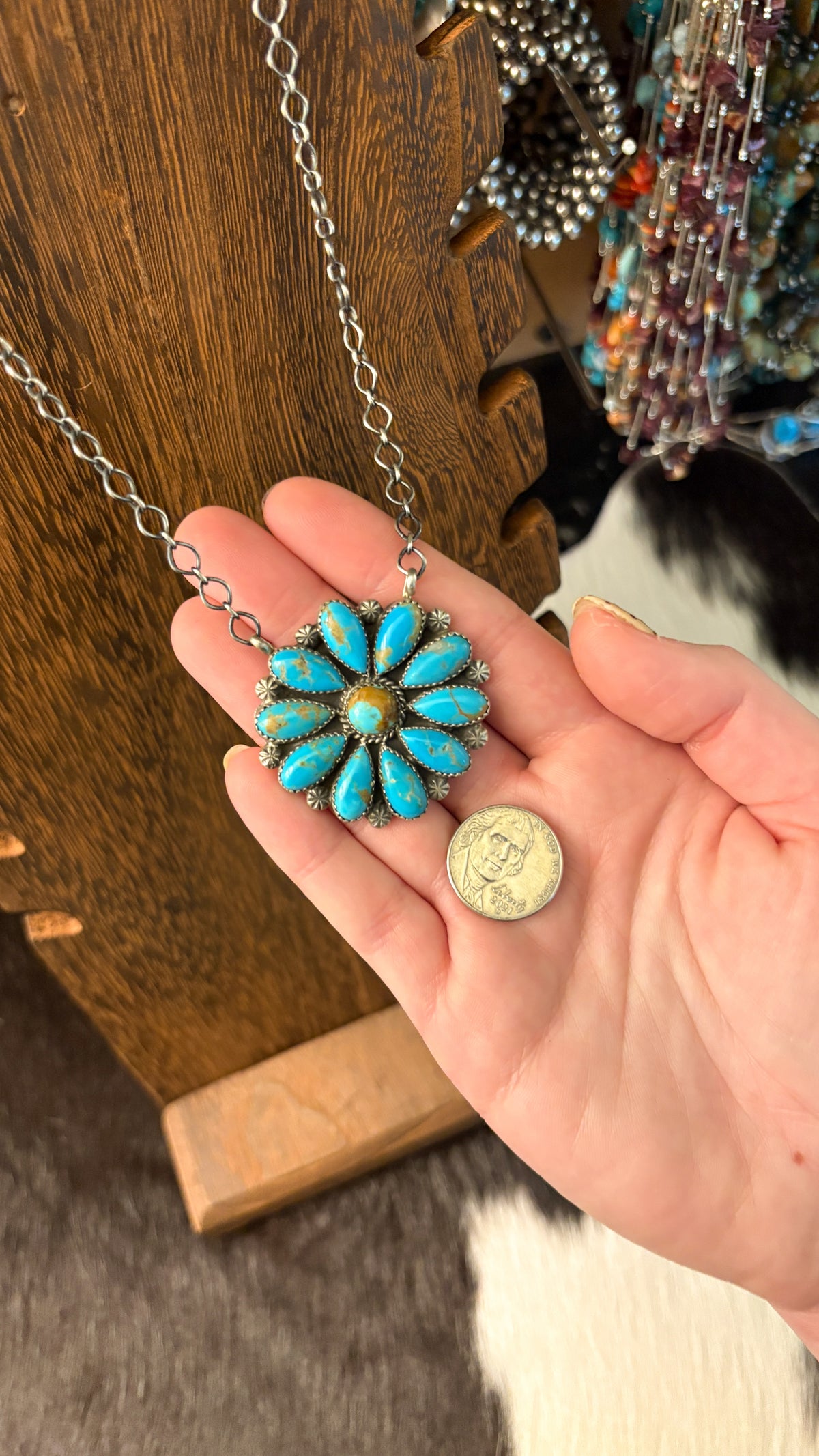 ROUND TURQUOISE CLUSTER NECKLACE STAMPED T STERLING