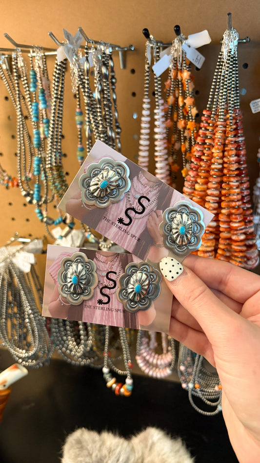 OVAL KINGMAN TURQUOISE CONCHO EARRINGS BY LAVINA BENALLY