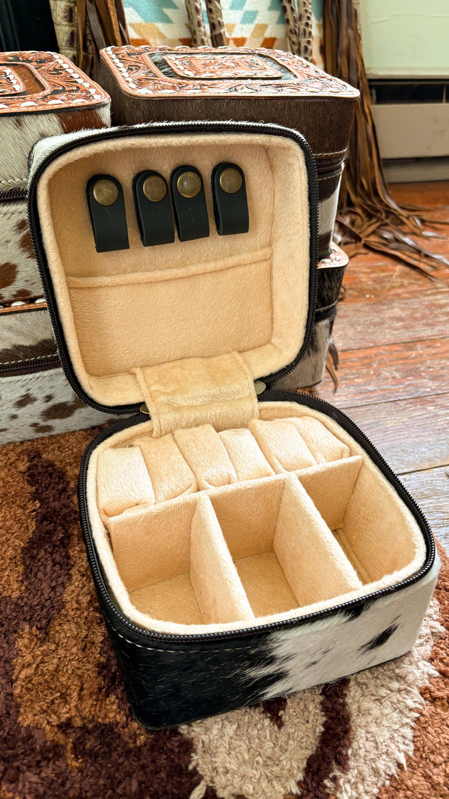 LEATHER TOOLED COWHIDE JEWELRY BOX