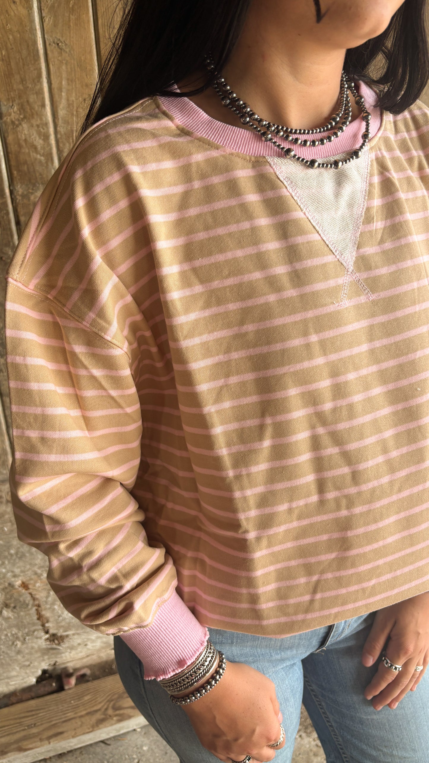 TAN & PINK STRIPED LONG SLEEVE SWEATER W LETTUCE DETAIL