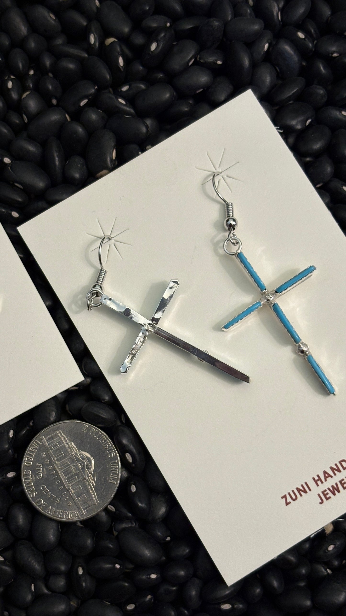 NEEDLEPOINT KINGMAN TURQUOISE ZUNI CROSS DANGLE EARRINGS
