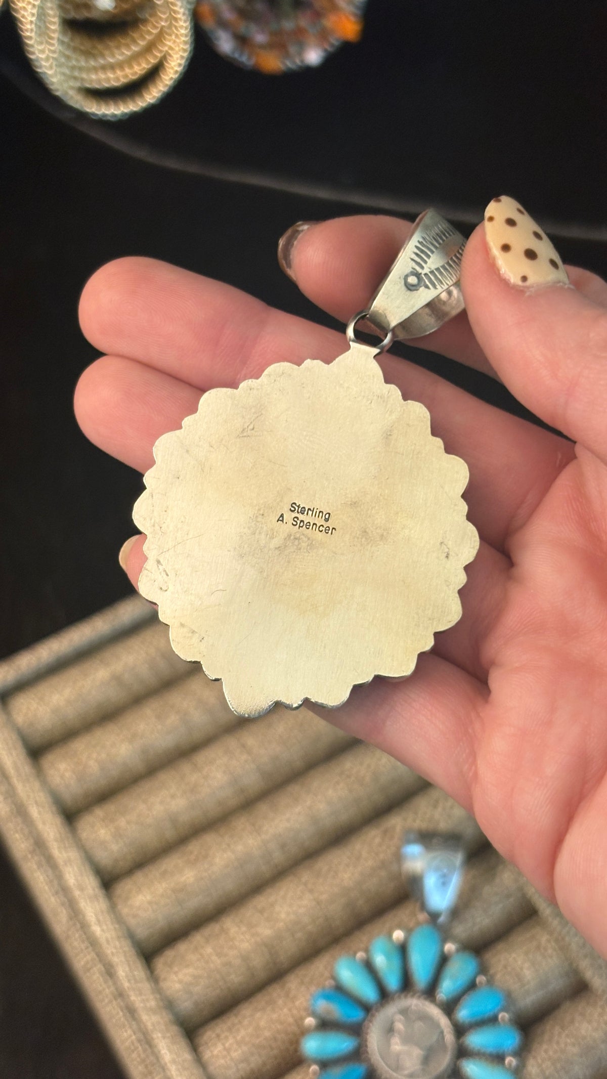 MERCURY DIME TURQUOISE CLUSTER PENDANT STAMPED A SPENCER STERLING