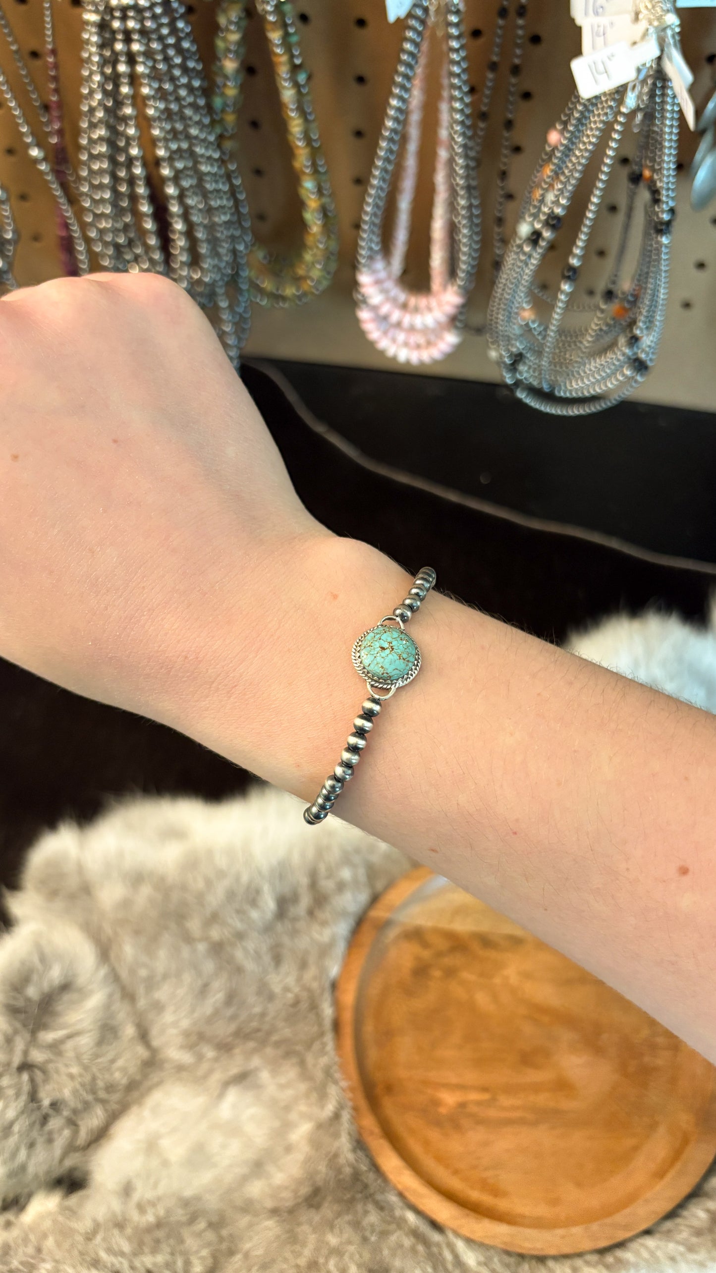 4MM STERLING SILVER STRETCH BRACELET W #8 TURQUOISE CHARM