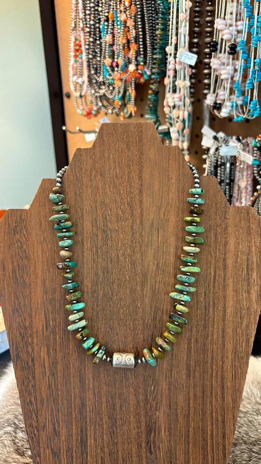 GREEN TURQUOISE NUGGET BARREL BEAD PEARL NECKLACE