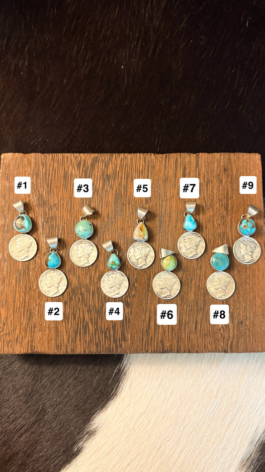 SINGLE STONE TURQUOISE MERCURY DIME PENDANT