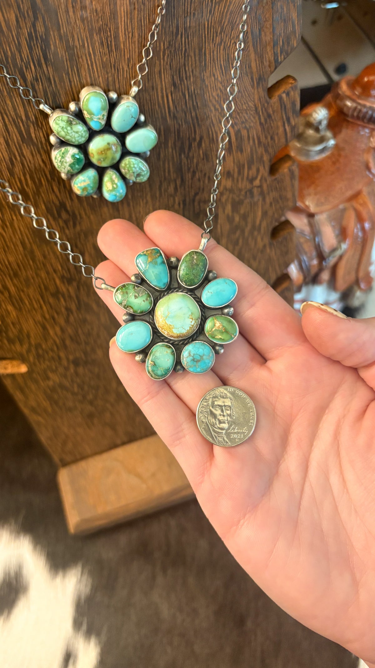 SONORAN GOLD TURQUOISE CLUSTER NECKLACE STAMPED TS STERLING