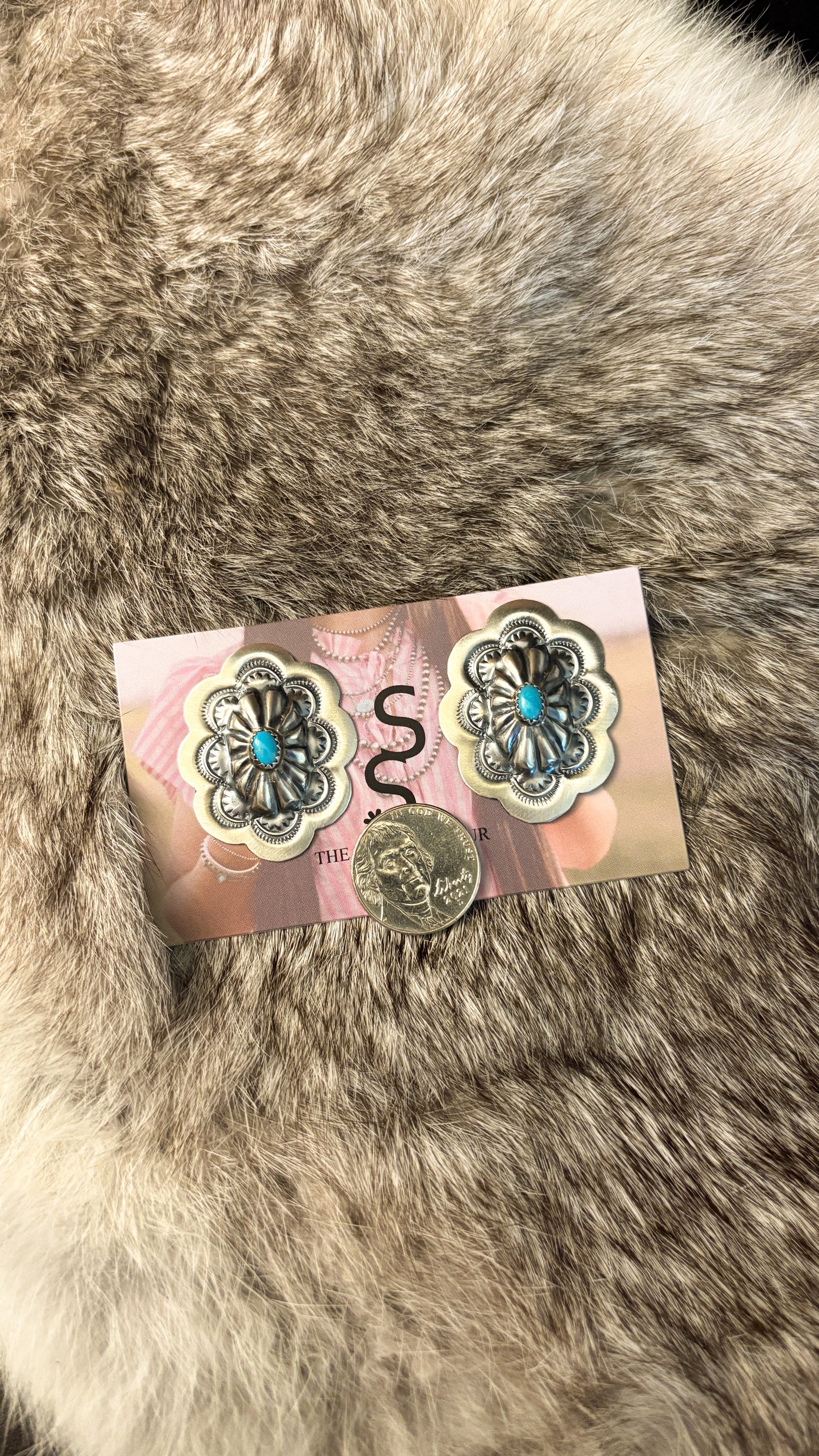OVAL KINGMAN TURQUOISE CONCHO EARRINGS BY LAVINA BENALLY