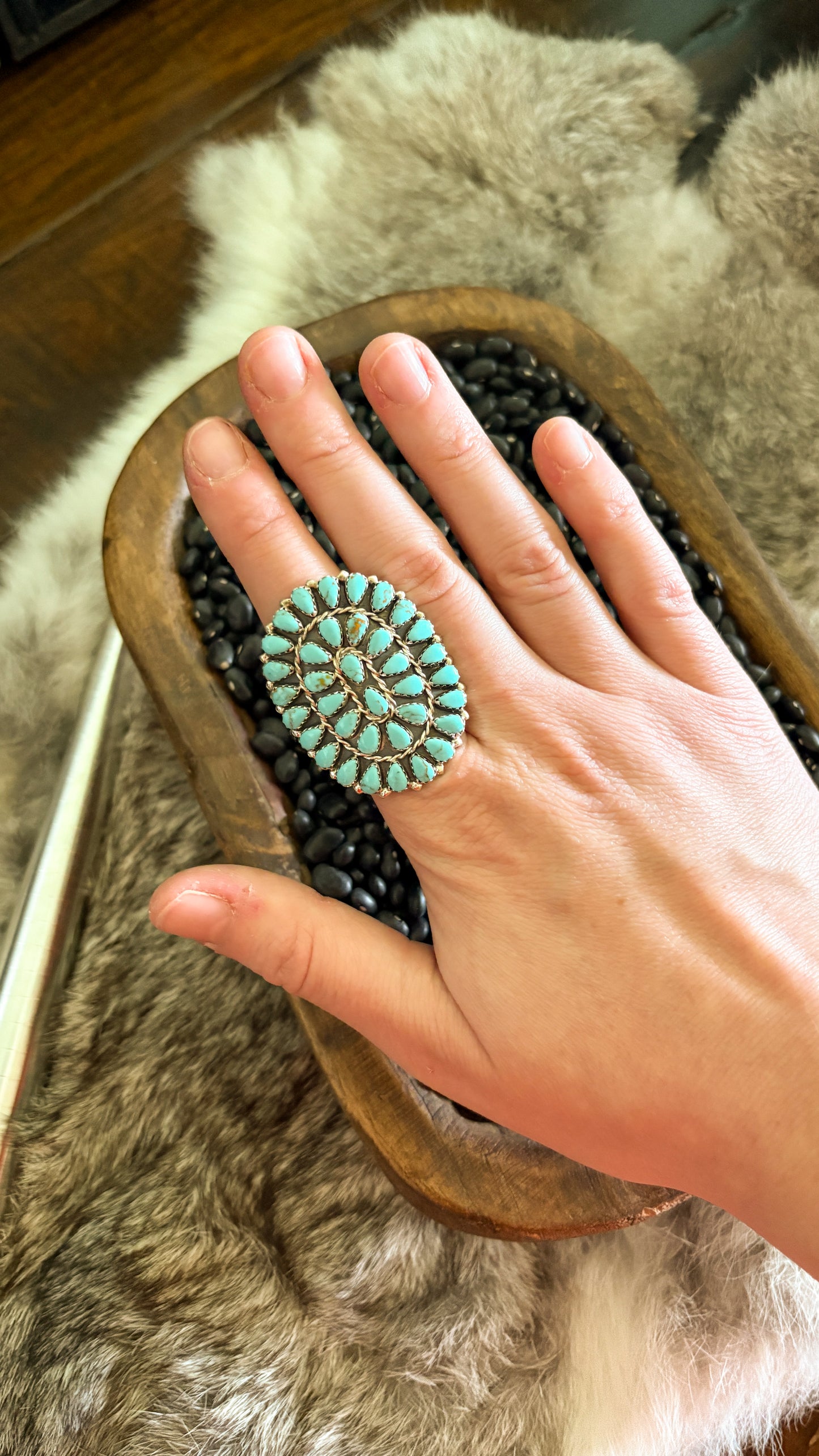 LARGE TURQUOISE CLUSTER RING BY MYRA BENALLY