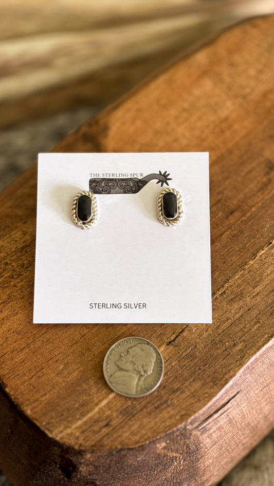 RECTANGLE BLACK ONYX POST EARRINGS W ROPE DETAILING