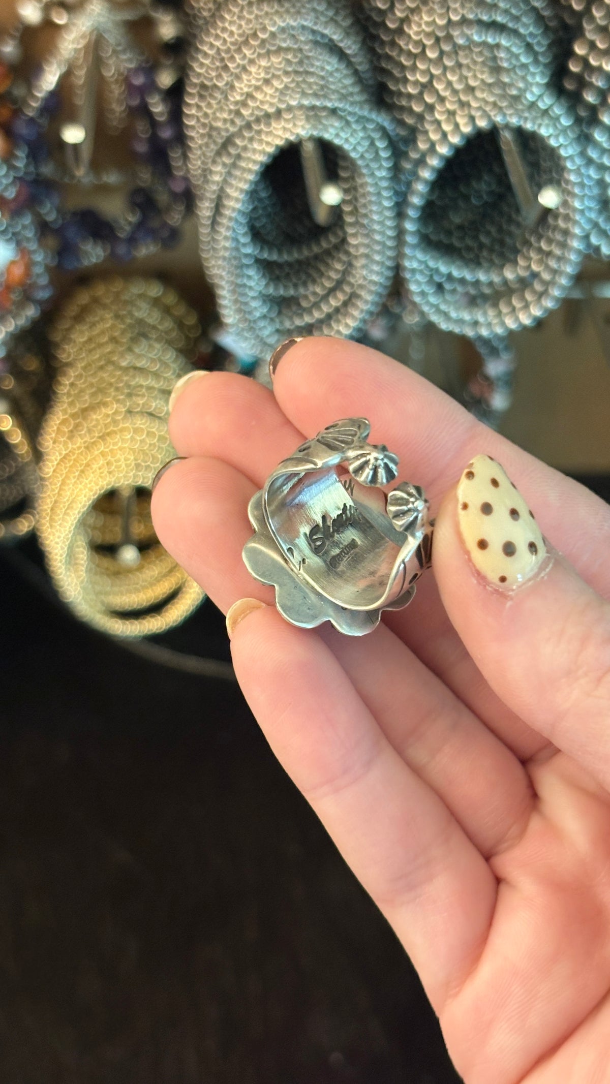 TURQUOISE & PINK CONCH STARSHOT CLUSTER RING W STAMPED CIGAR BAND