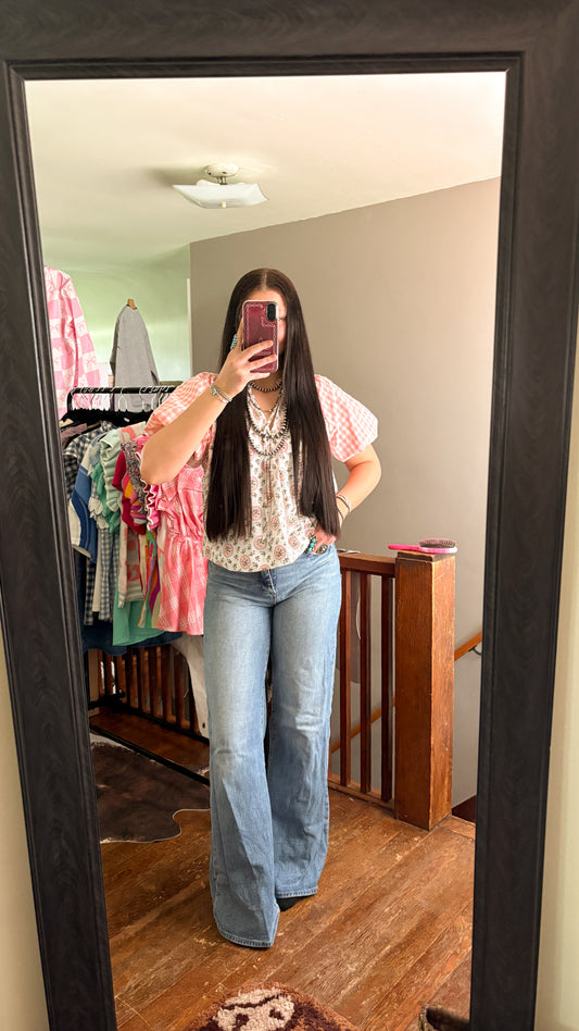 FLORAL GINGHAM SLEEVE TOP