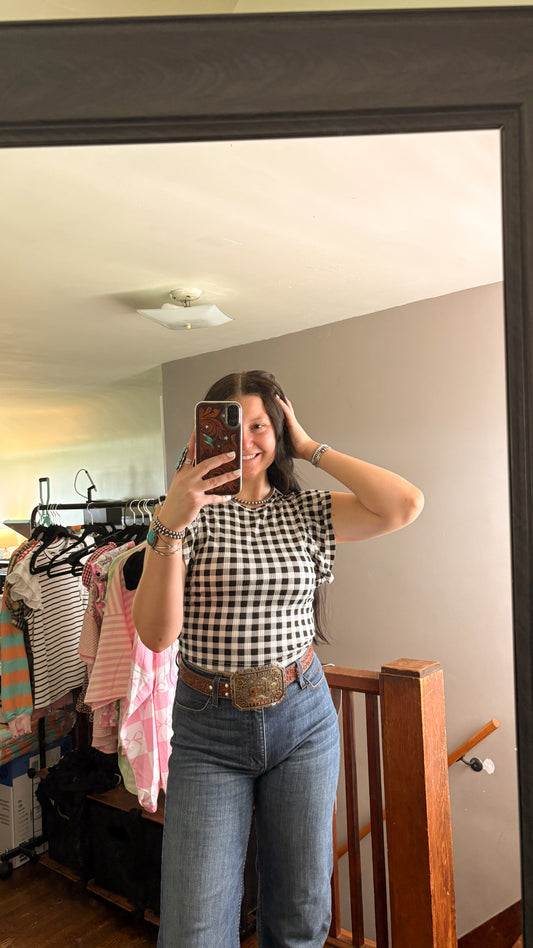 CROPPED GINGHAM RUFFLE TOP - BLACK