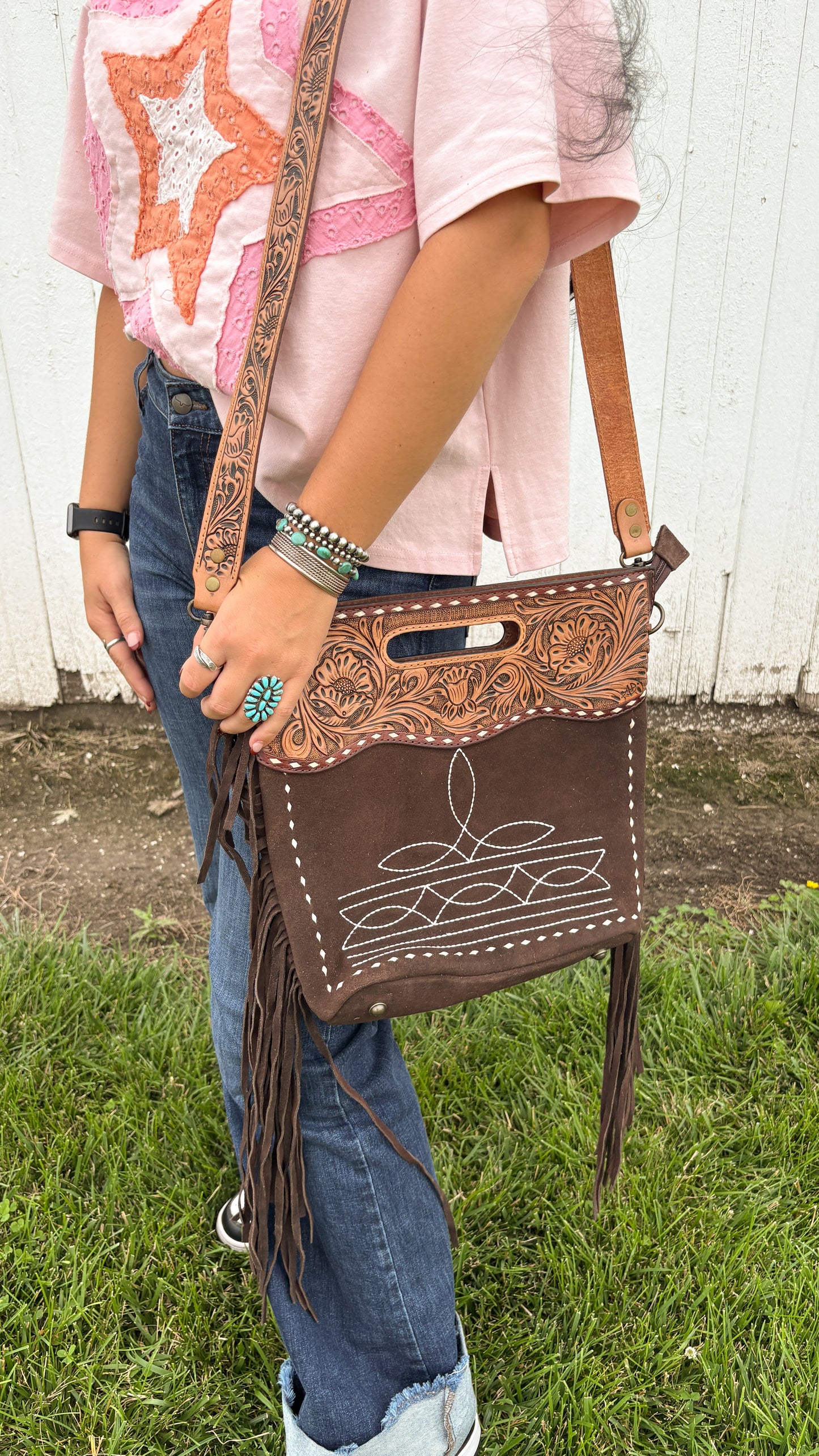 BROWN SUEDE BOOTSTITCH & LEATHER TOOLED CROSSBODY BAG