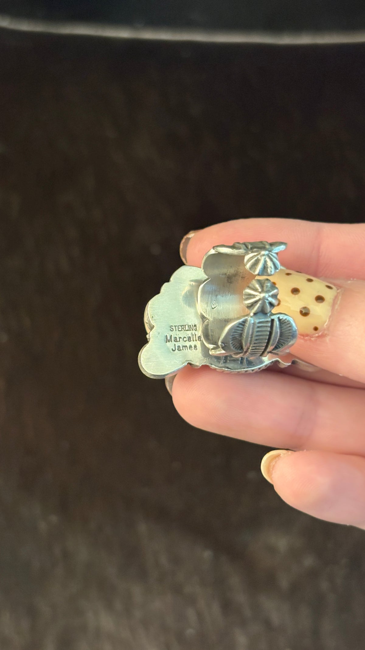 KINGMAN TURQUOISE & PINK CONCH HALF CLUSTER RING W STAMPED CIGAR BAND BY MARCELLA JAMES