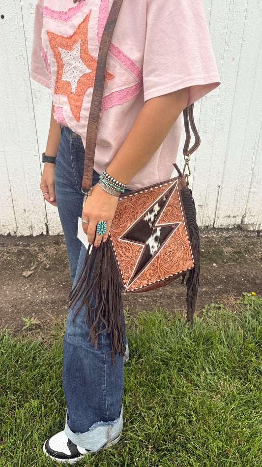 COWHIDE & LEATHER TOOLED LIGHTNING BOLT CROSSBODY BAG - #1