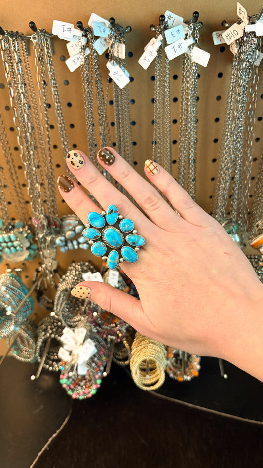 9 STONE TURQUOISE CLUSTER RING W STAMPED CIGAR BAND