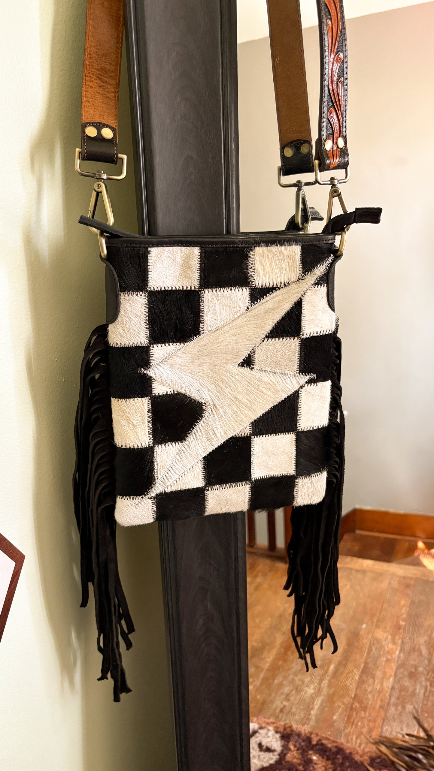 COWHIDE CHECKERED LIGHTNING BOLT CROSS BODY BAG