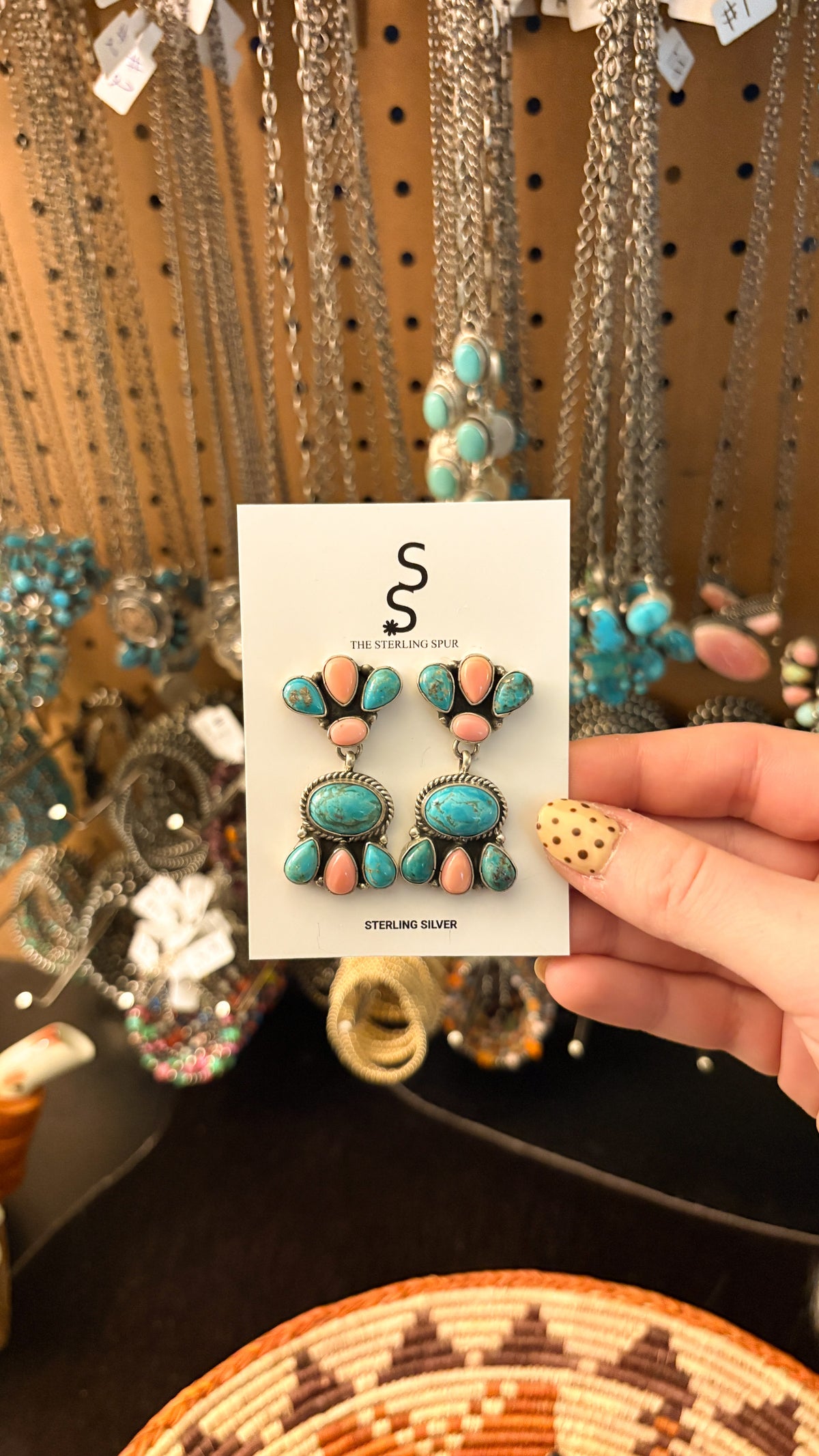 TURQUOISE & PINK CONCH DANGLE EARRINGS BY MARCELLA JAMES
