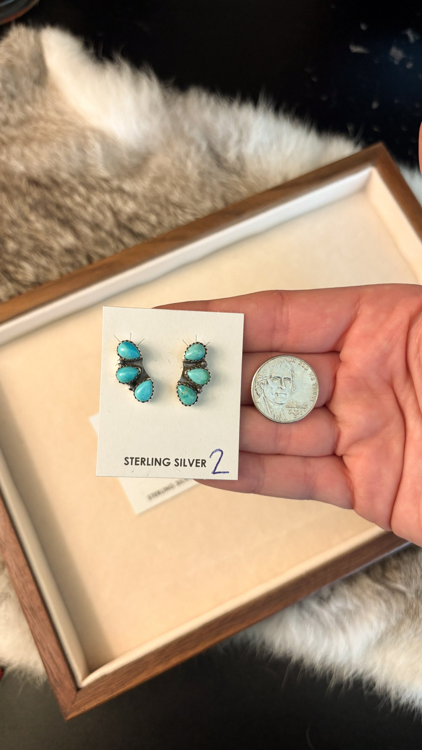 3 STONE TEARDROP SHAPED KINGMAN TURQUOISE STUD EARRINGS