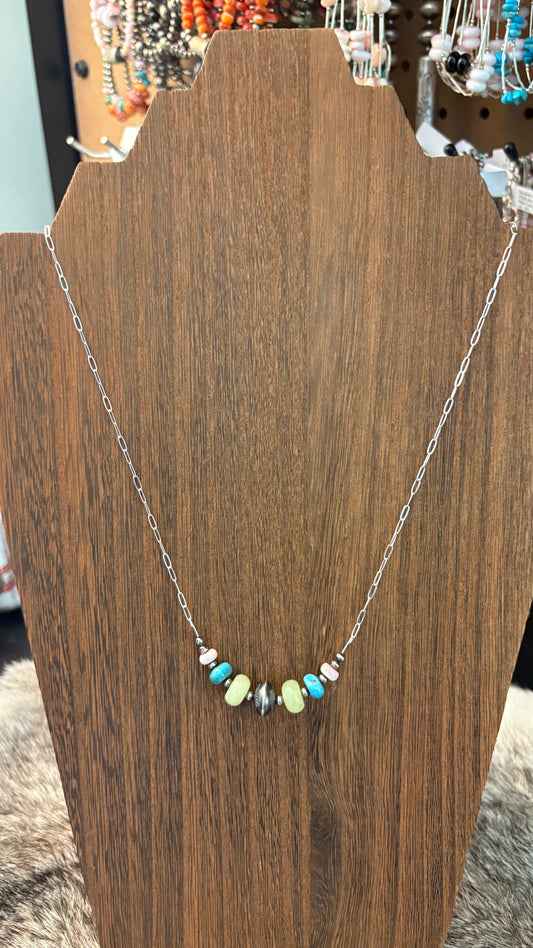 MULTI STONE STAMPED SAUCER BEAD CHAIN NECKLACE