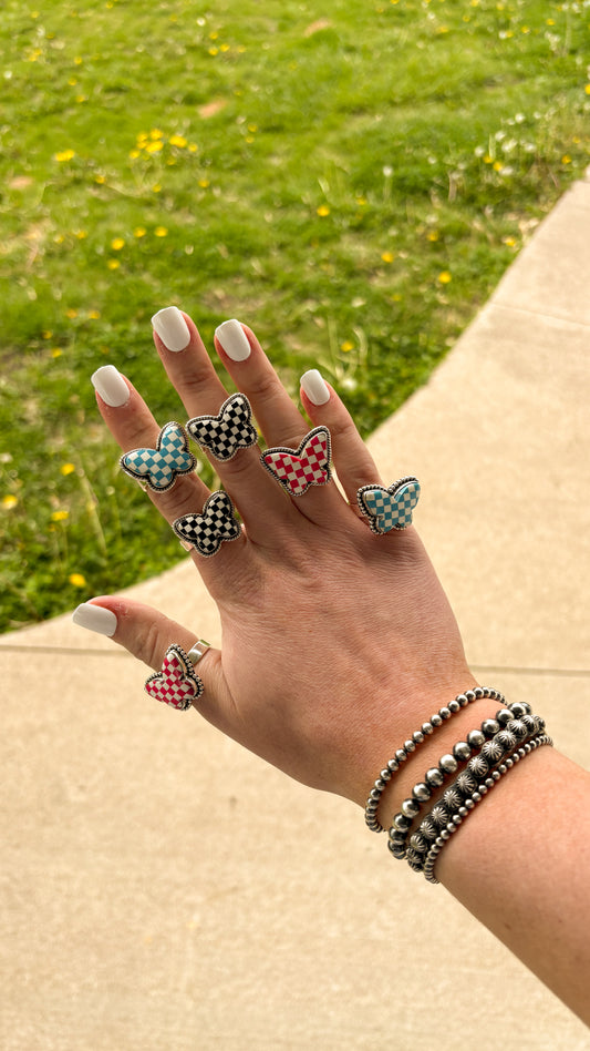 CHECKERED BUTTERFLY ADJUSTABLE RING
