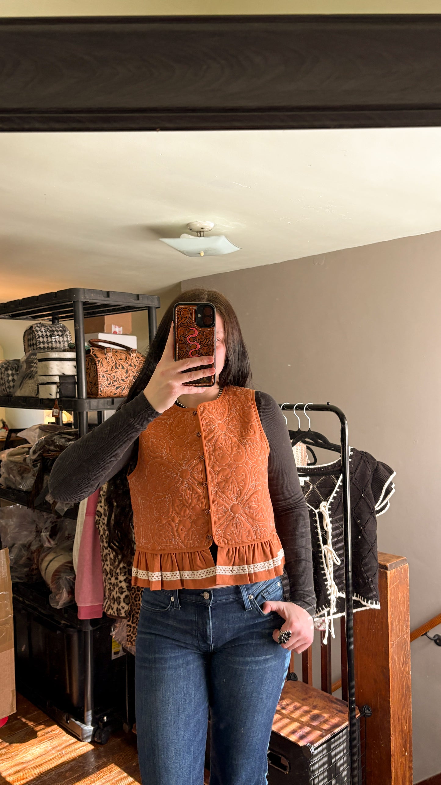 TERRACOTTA QUILTED RUFFLE VEST