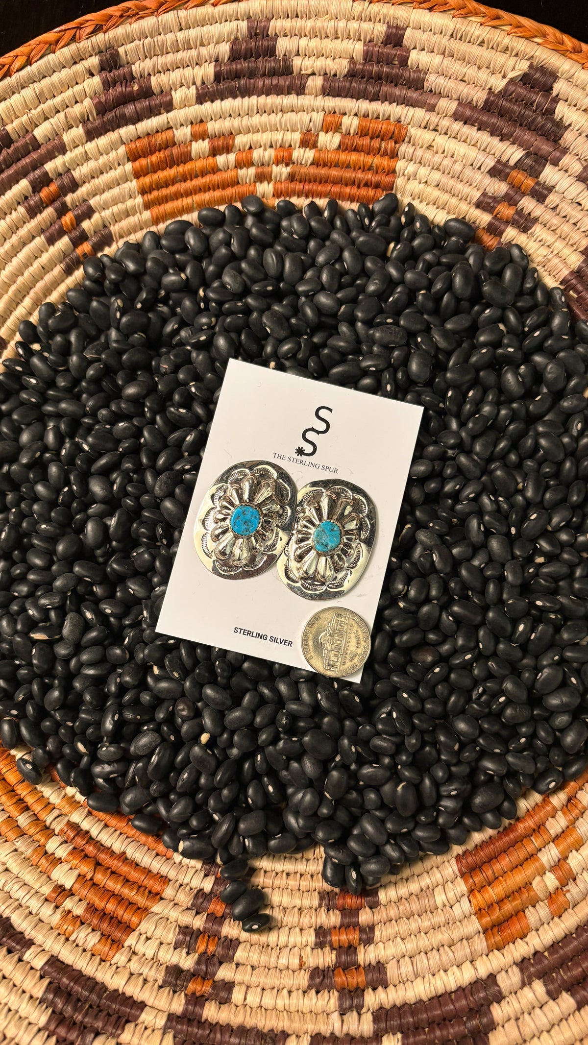 OVAL CONCHO EARRINGS W ROUGH TURQUOISE STONE BY BETTY GILMORE