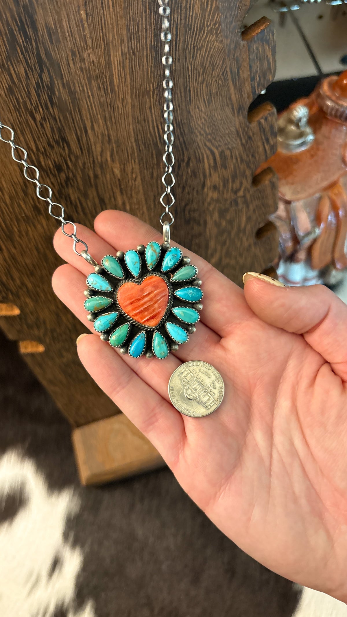 TURQUOISE & RED SPINY HEART CLUSTER NECKLACE BY TRICIA SMITH