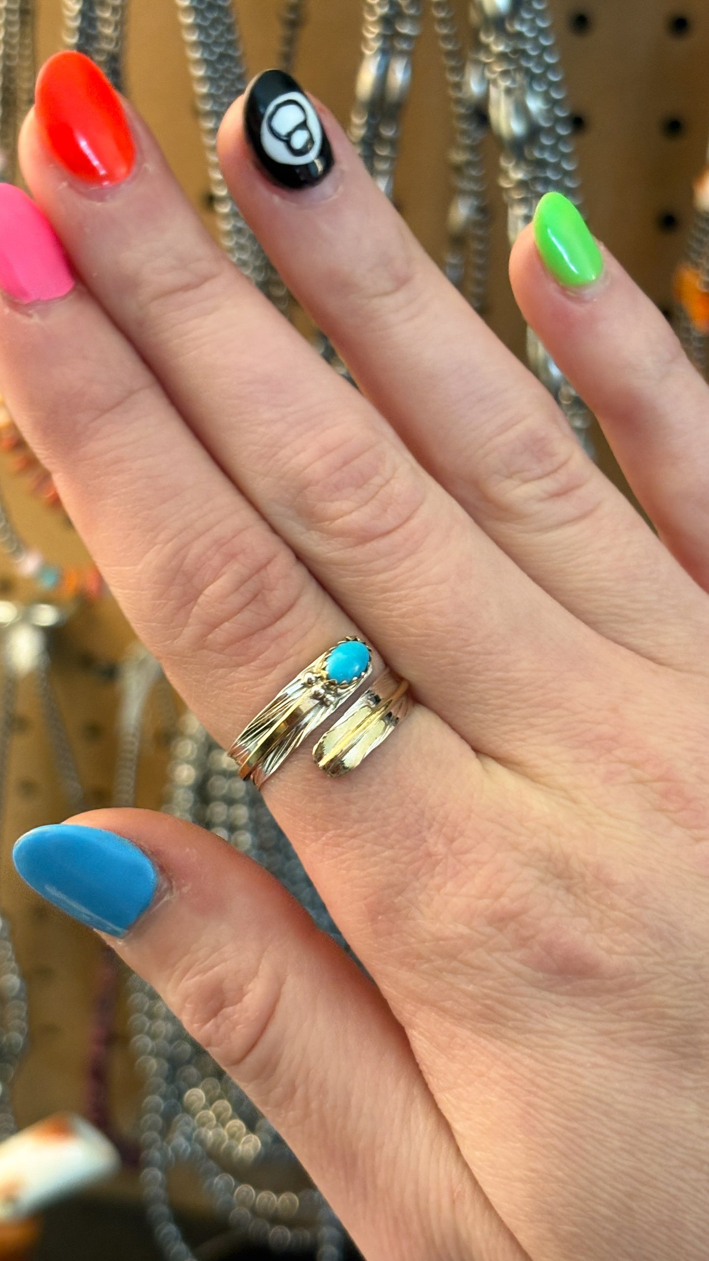 GOLD & SILVER ADJUSTABLE FEATHER RING W TURQUOISE STONE