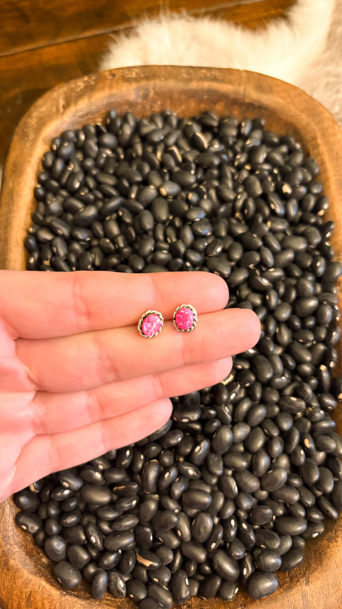 OVAL SHAPED HOT PINK OPAL STUD EARRINGS W ROPE DETAIL