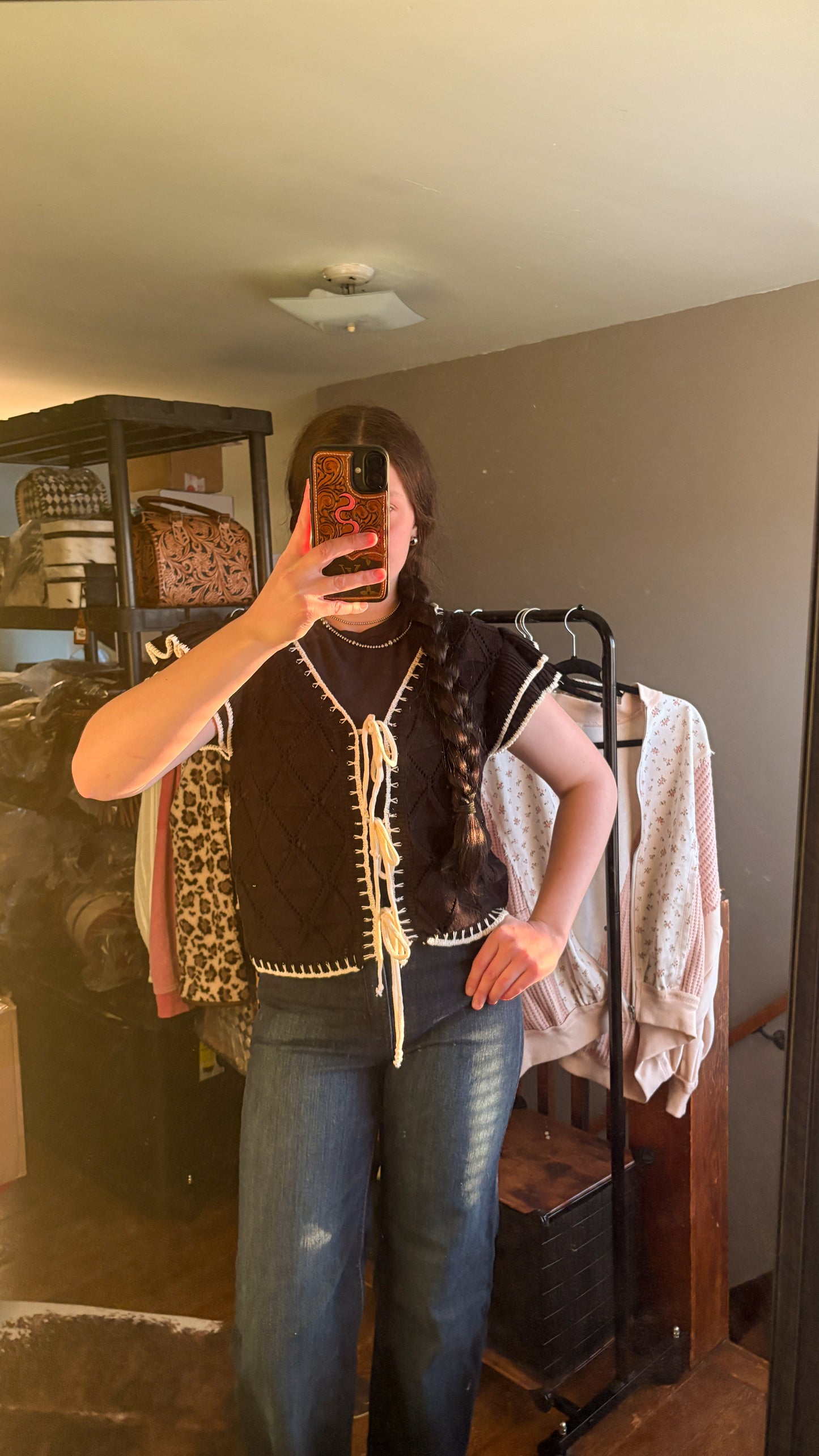 BLACK & CRÈME KNIT RUFFLE TIE VEST