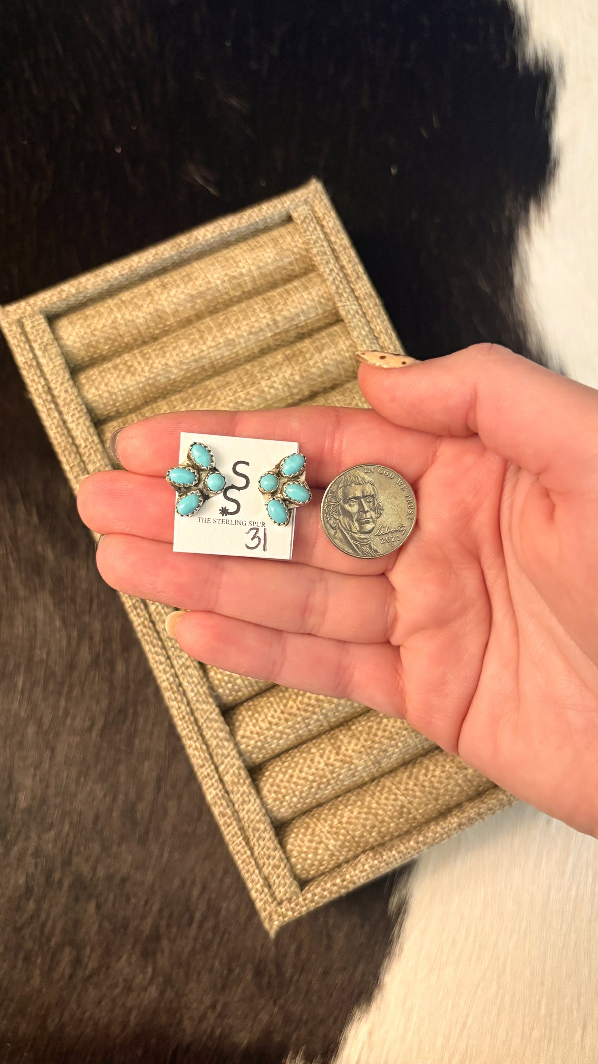 MINI KINGMAN TURQUOISE HALF CLUSTER EARRINGS BY MAXINE RAMIREZ