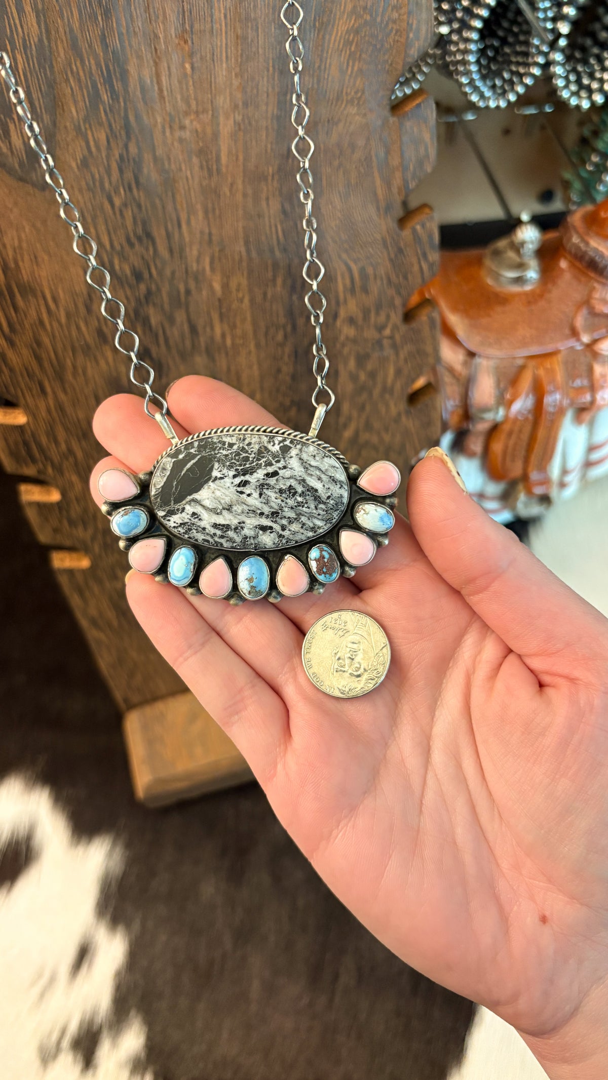 XL GOLDEN HILLS, PINK CONCH, & WHITE BUFFALO CLUSTER NECKLACE