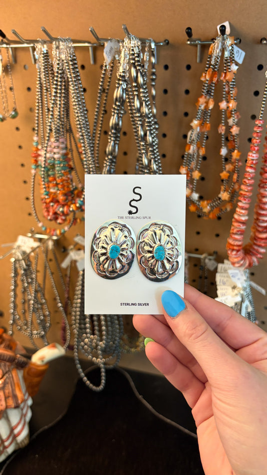 LARGE OVAL CONCHO EARRINGS W TURQUOISE STONE