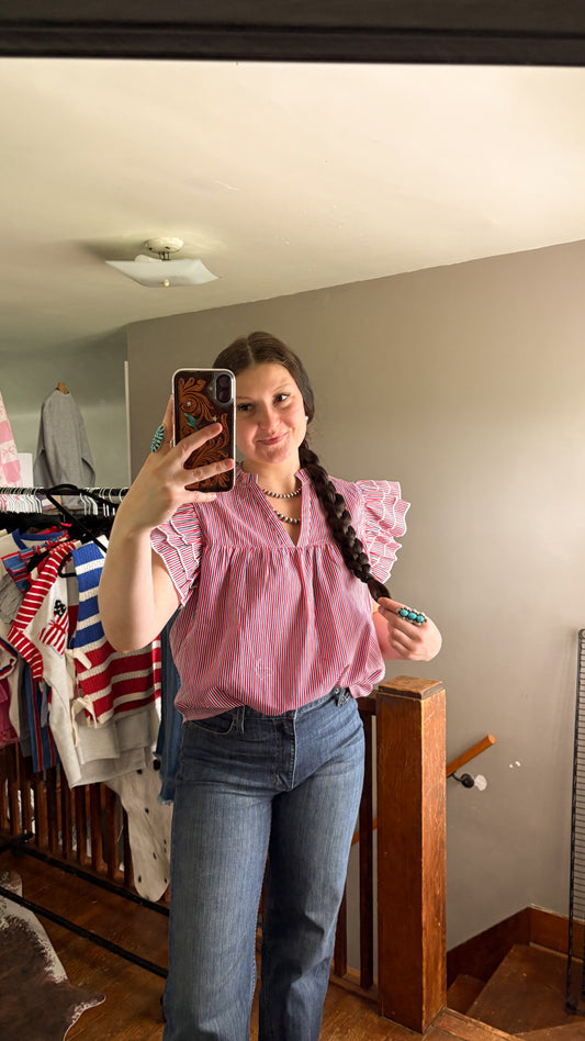 AMERICA PINSTRIPE RUFFLE TOP