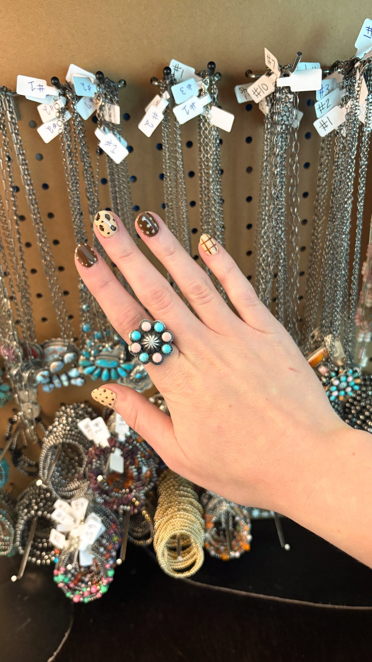 TURQUOISE & PINK CONCH STARSHOT CLUSTER RING W STAMPED CIGAR BAND