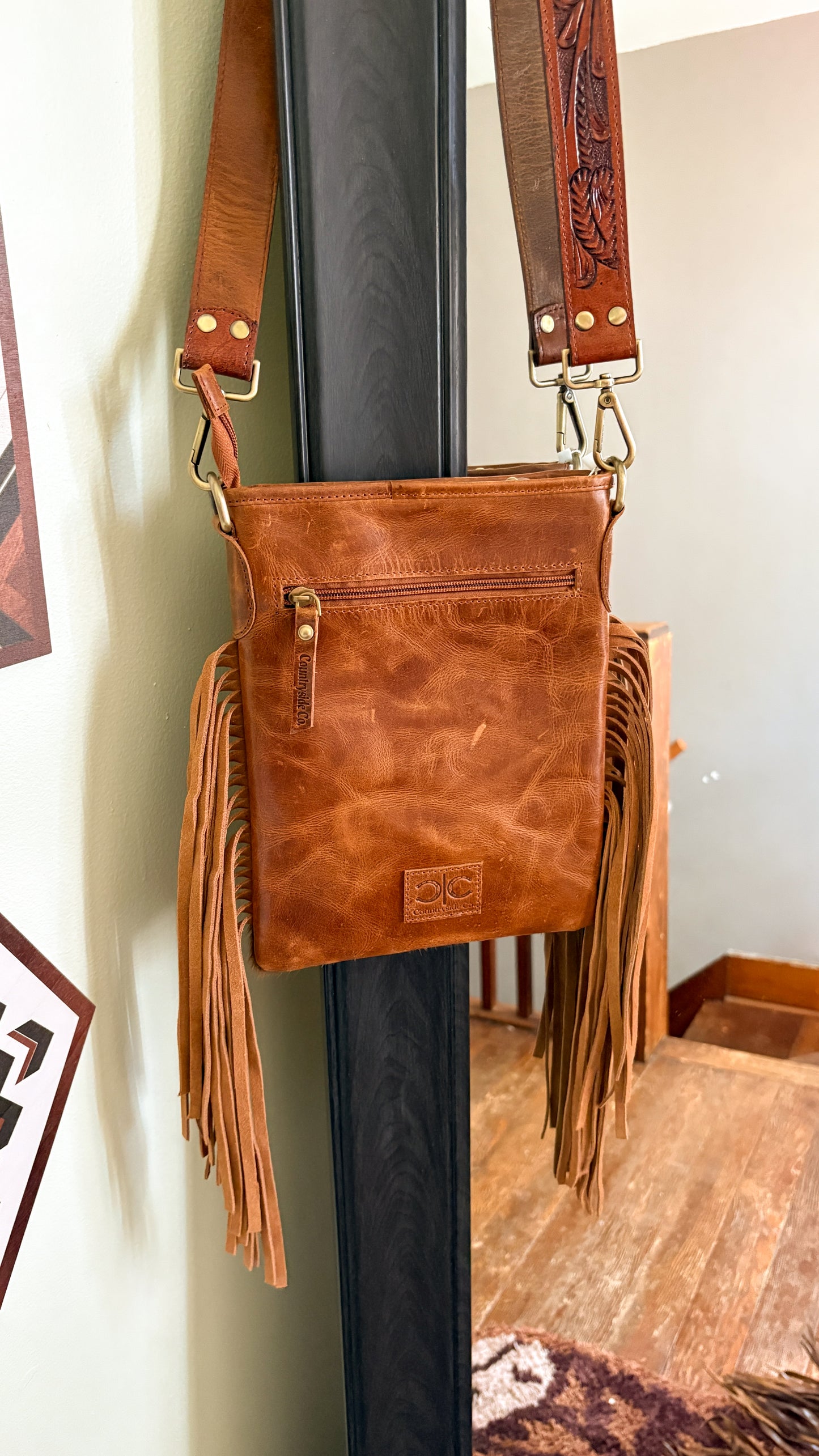 COWHIDE CHECKERED CROSS BODY BAG - LIGHT BROWN