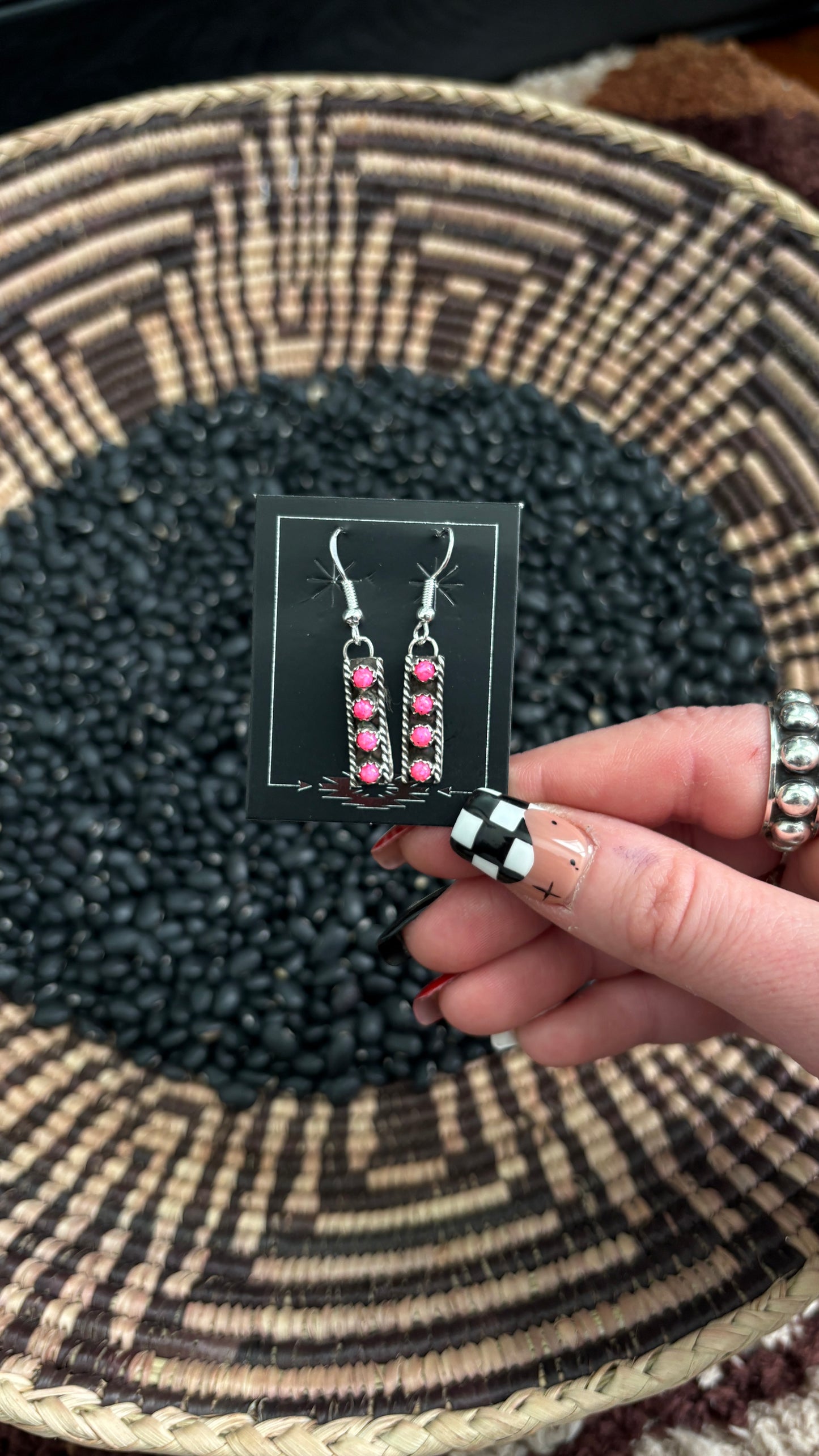 4 STONE HOT PINK OPAL BAR EARRINGS - SMALL