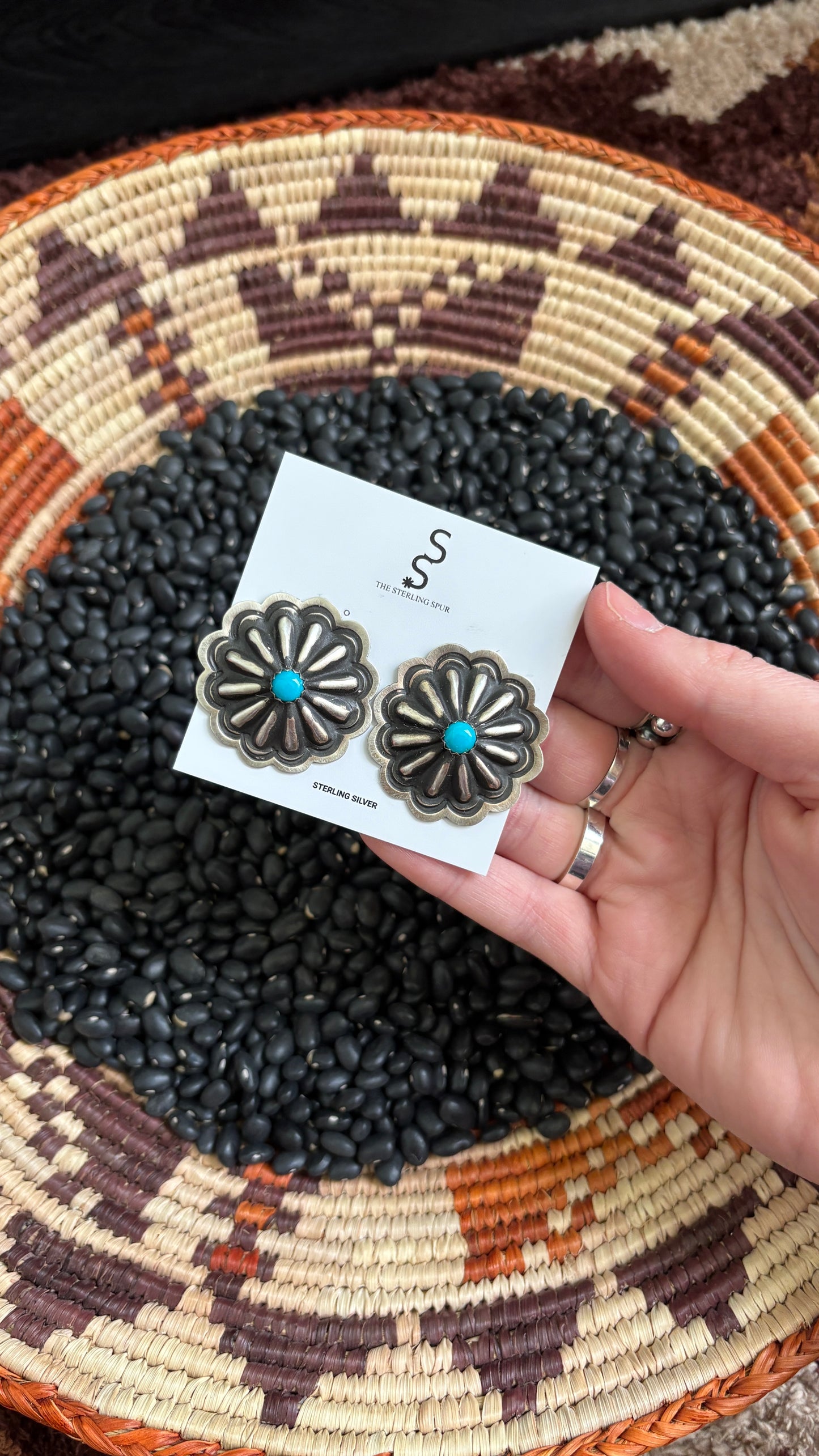 ROUND CONCHO STATEMENT EARRINGS W SINGLE TURQUOISE STONE