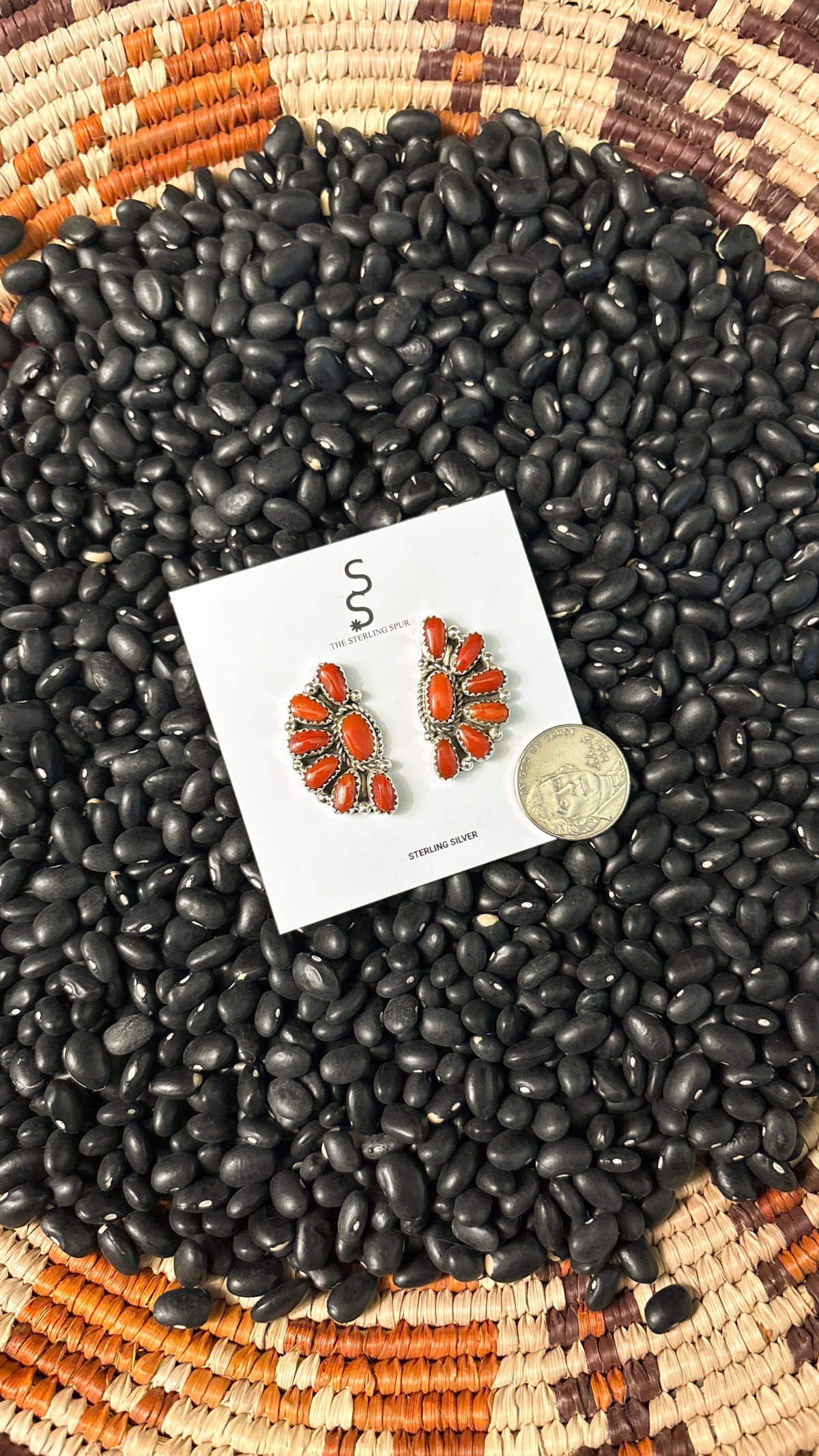 CORAL HALF CLUSTER EARRINGS STAMPED JW STERLING