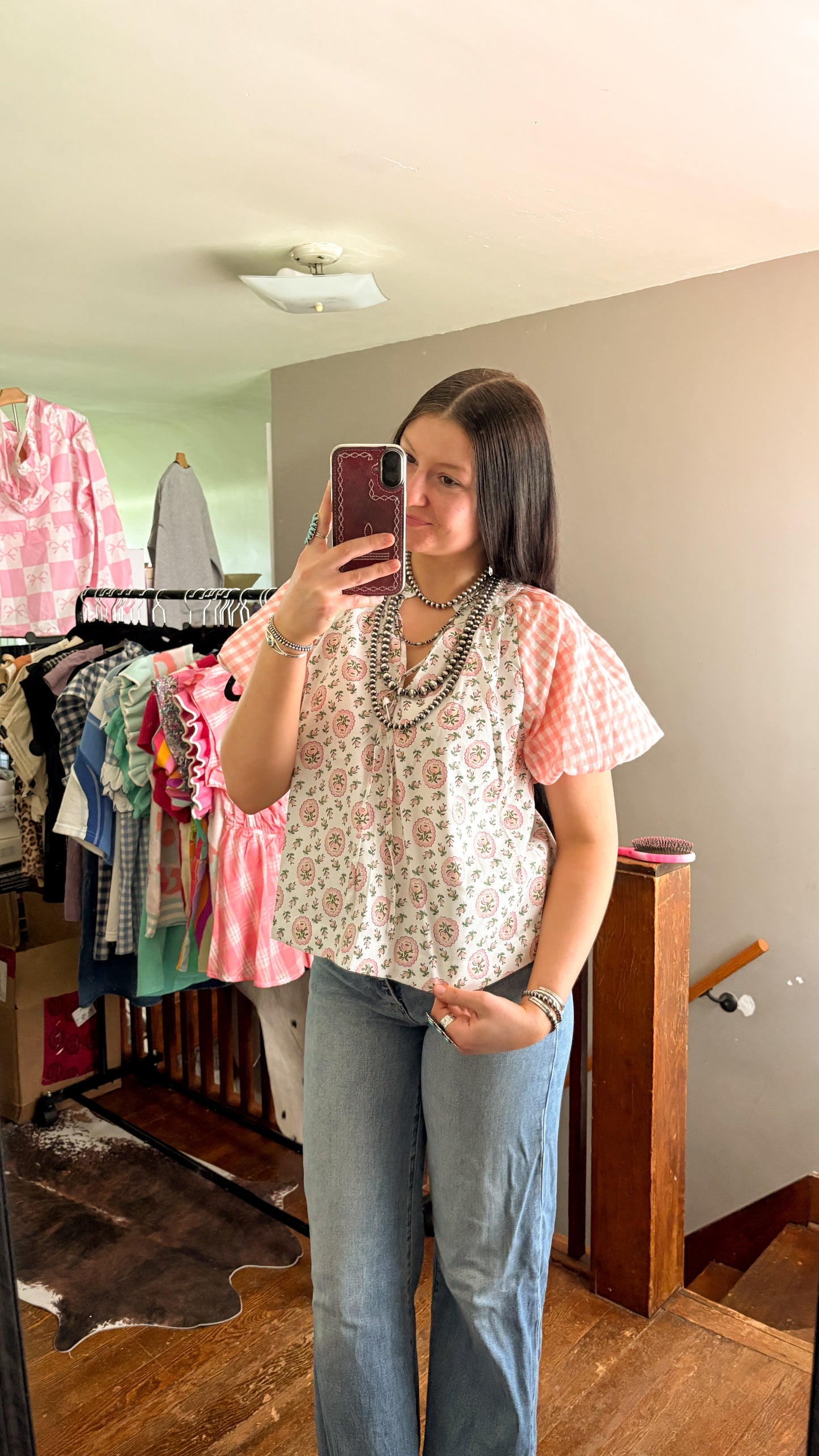 FLORAL GINGHAM SLEEVE TOP