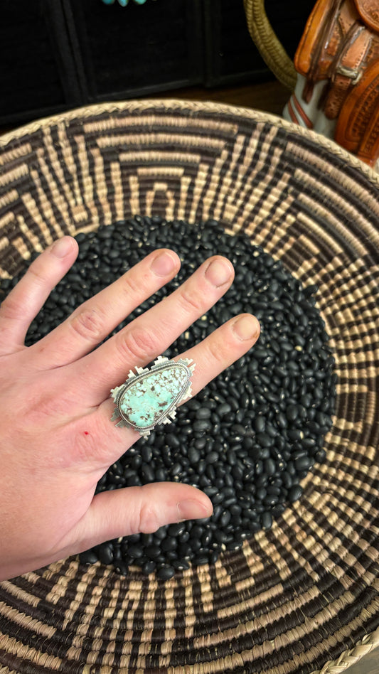 DRY CREEK TURQUOISE RING W AZTEC DESIGN - ADJUSTABLE
