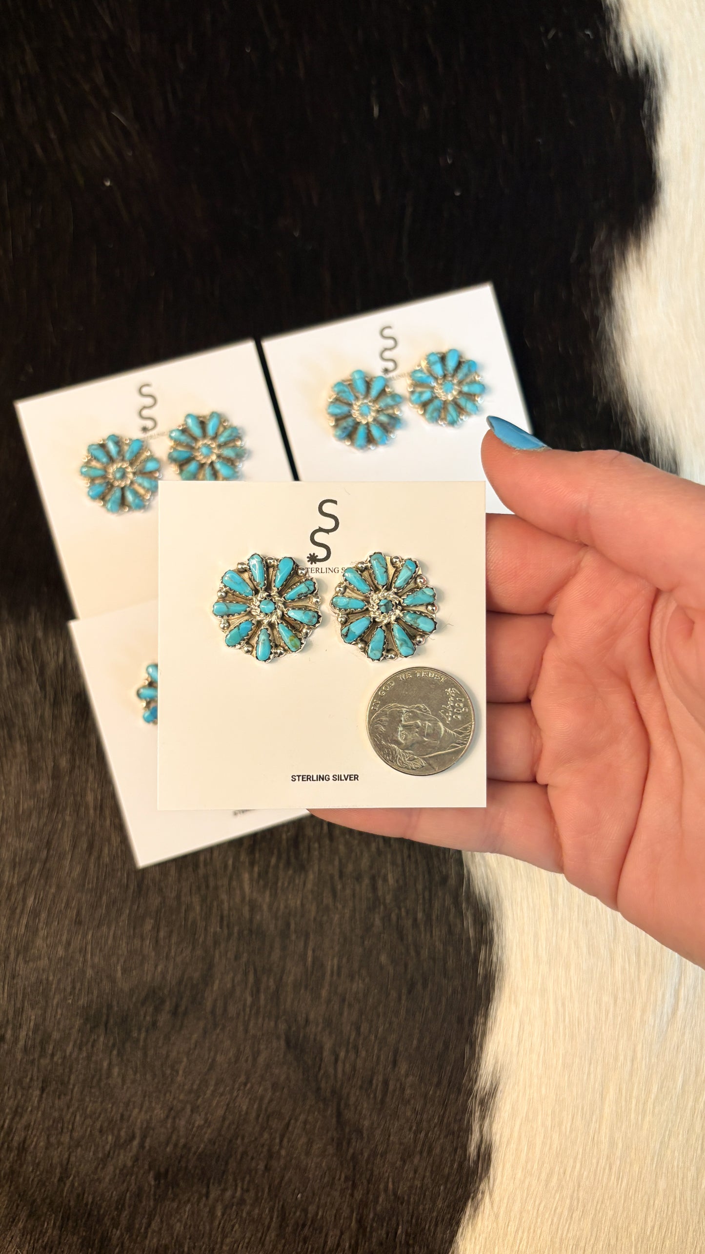 MEDIUM TURQUOISE CLUSTER EARRINGS STAMPED B STERLING
