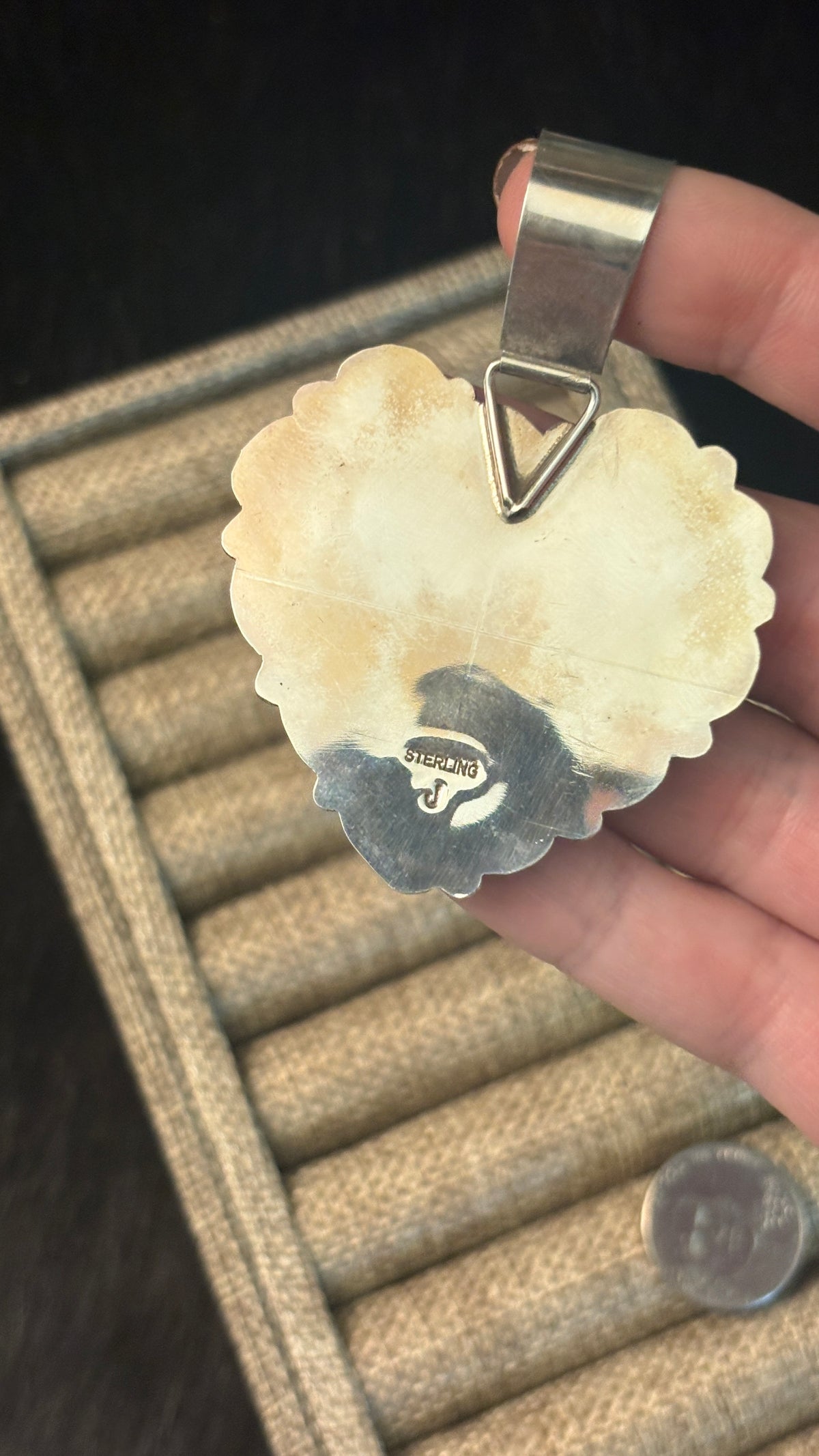 XL ROUGH TURQUOISE HEART PENDANT STAMPED J STERLING
